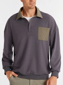 Manfinity Dauomo Maglietta casual da uomo con colletto polo e maniche lunghe, a blocchi di colore, per l'autunno - Grigio Scuro - Visualizzare 4