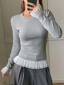 DAZY Femmes Pullover décontracté à col rond, manches longues, patchwork en dentelle, doublure thermique épaisse pour l'automne/l'hiver