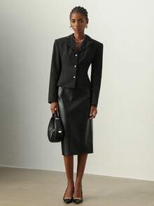 Lyxana Fashionable Elegant Solid Color Wide Shoulder Waist Shirt - Black - View 4