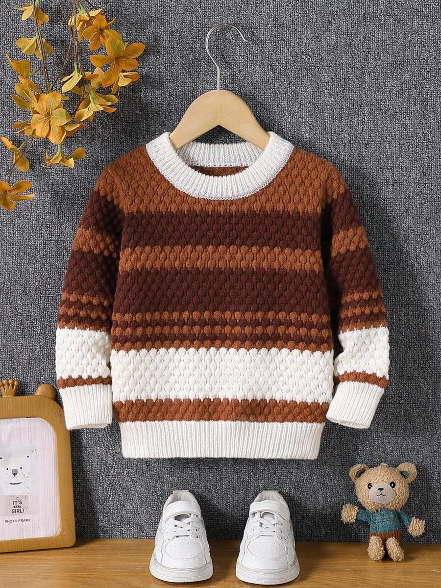 Randig kontrastfärgad tjock mjuk stickad pullover för pojkar, lämplig för hem, fritid, utomhus och fest, höst/vinter - Kaffebrun - Visa 1
