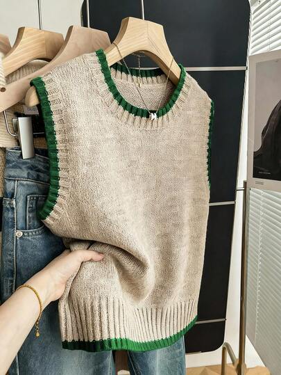 Franclia Casual Loose Crew Neck Sleeveless Knit Contrast Trim Khaki Sweater Top For Women, Spring/Autumn