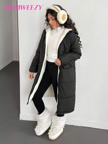 Sparklyn Teen Girl Black Casual Minimalist Thickened Long Padded Coat, With White Thermal Lined, Dual Flap Pockets, Suitable For Daily Outings, Winter, And Skiing - Black - View 7