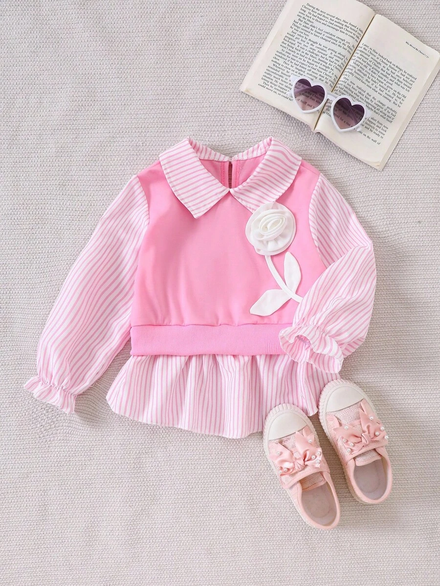 小女孩条纹领衬衫，甜美公主风格蓝白条纹长袖拼接，3D 花朵荷叶边下摆，柔软轻盈，春秋季、返校季、四季皆宜 - 粉色 - 查看 1