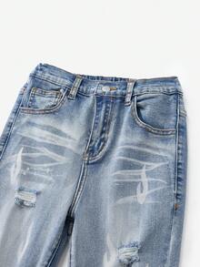 SHEIN 青少年男孩 Bolty 时尚休闲 Y2k 复古酷炫街头火焰图案设计蓝色牛仔弹力紧身牛仔裤，适合日常穿着、秋冬季节、锐舞派对和街头服饰。 - 藍色 - 查看 5