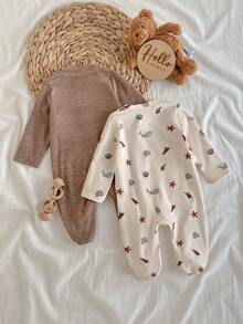 Loomiva 新生男婴/女婴海洋生物针织柔软圆领长袖连体衣和裤子两件套