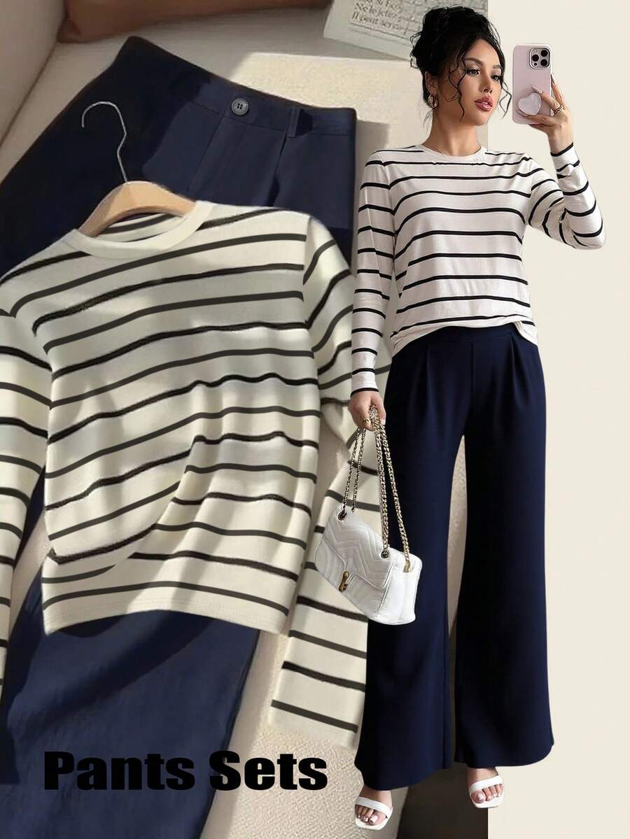 SHEIN Franclia 女士时尚休闲条纹长袖 T 恤和宽松长裤两件套 - 彩色 - 查看 1