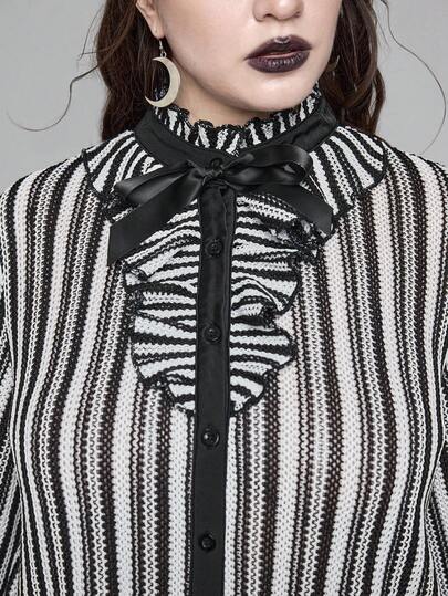 Goth Gothic Style Ruffle Trim Striped Blouse, School Inspired Plus Size Women Shirt