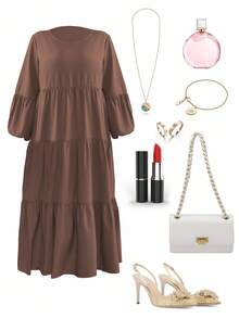 Vionelle 大码女式春夏纯色圆领灯笼袖荷叶边下摆宽松休闲连衣裙长款女装 - 巧克力棕 - 查看 3