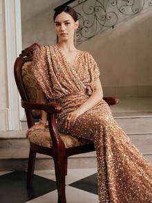 Anewsta Váy sequin cổ chữ V dành cho nữ, thanh lịch cho tiệc tùng, Giáng sinh, tiệc sinh nhật, váy dạ hội - Màu be - Xem 4