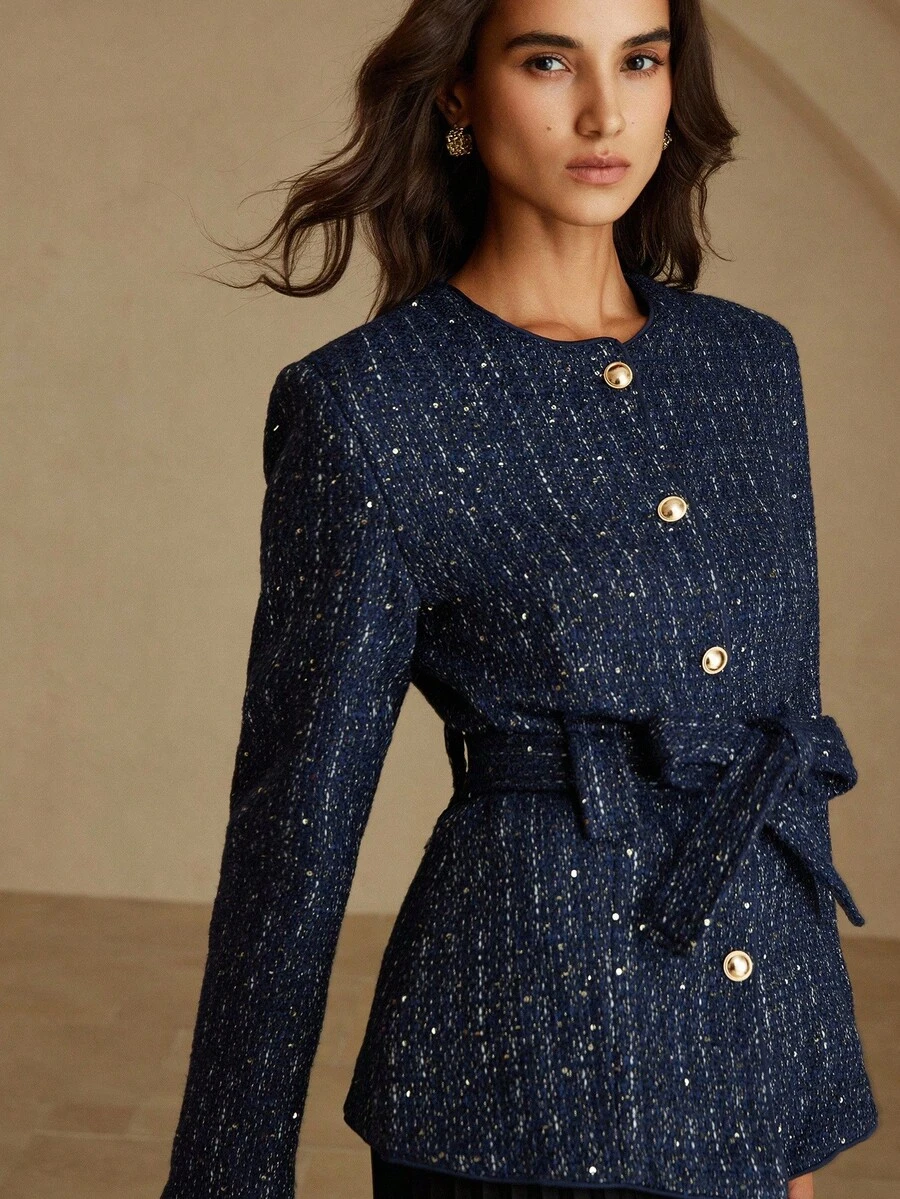 Aveloria بليزر نسائي بياقة مستديرة وأكمام طويلة وكتف محشو ومزين بالخرز والتويد مع حزام - متعدد الألوان - مشاهدة 1