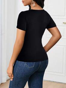 SHEIN Lady 撞色心形印花网眼T恤 女士秋季服装 秋季服装 - 黑色 - 查看 2