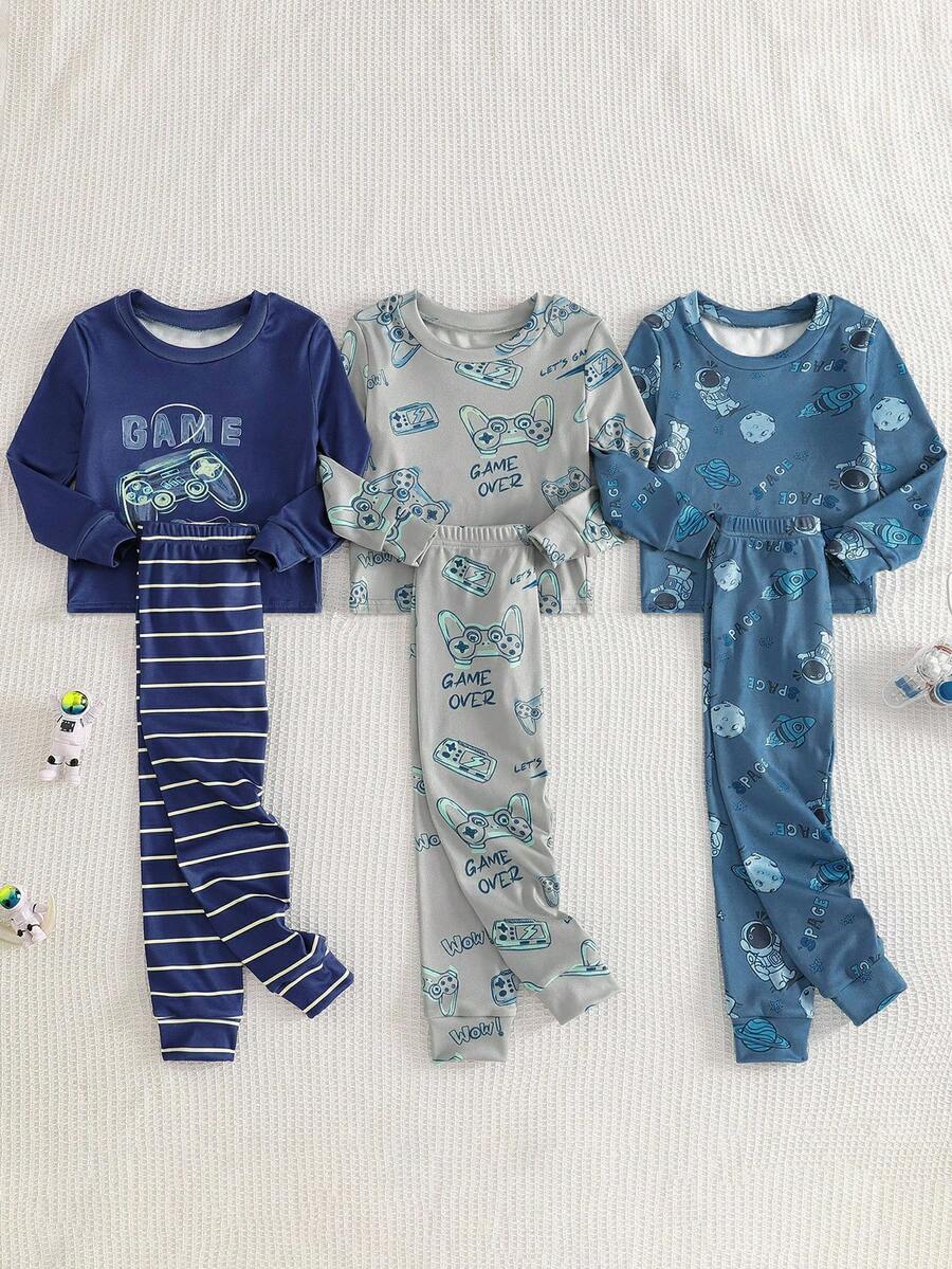 6 Stücke/Set Jungen Video Spiel & Astronaut Muster Eng anliegendes Langarm Oberteil und lange Hose Homewear Set
