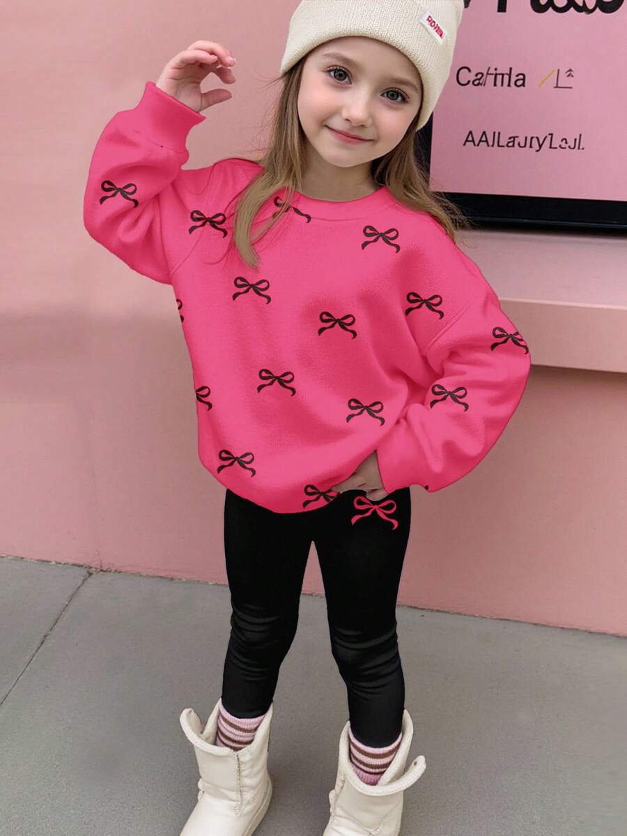 Happikins 2pcs/Set Young Girl Casual Cute Bow Decor Thick Soft Loose Crew Neck Long Sleeve Sweatshirt And Skinny Leggings, Suitable For Autumn & Winter - Multicolor - View 1