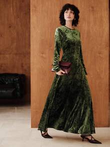 Vestido longo de malha de veludo com losangos minimalista Uhlyne, design elegante com bainha plissada para deslocamento diário, escritório, igreja, escola, casamento, outono/inverno - Borgonha - Ver 5