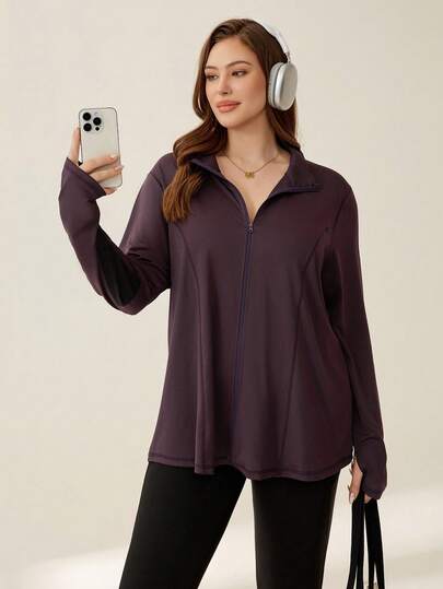 Auralis Athleisure Plus Size Dragkedja Fram Sportjacka, Träningsoverall, Jerseytröja, Damsportkläder För Vinter, Vintersportkläder