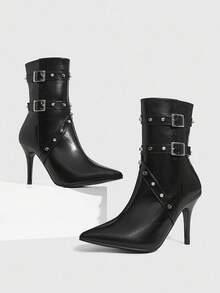 CUCCOO SZL Women's Pointed Toe Stiletto Buckle Sexy Elegant Fashion Mid-Calf Boots - Black - View 2