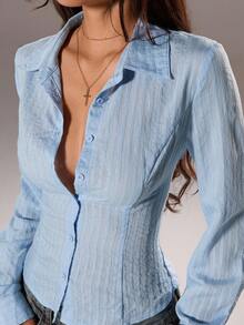 SHEIN TRNDY 1 件女式蓝色金属条纹腰部收紧休闲通勤长袖衬衫，秋季 - 藍色 - 查看 4