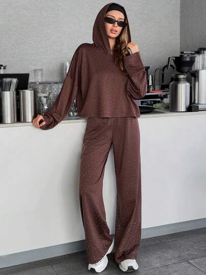 SHEIN Set di felpa con cappuccio e leggings da donna con dettagli in strass, comodo e alla moda per uso casual