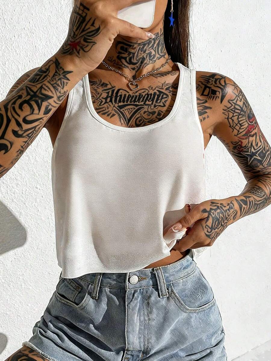 SHEIN EZwear Damen lässiges weites Crop Trägertop mit weitem Rundhalsausschnitt - Weiss - Übersicht 1