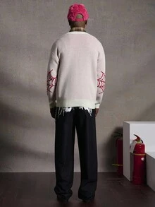 PAVTROS 男士秋冬新款蜘蛛提花套头衫，时尚设计师风格，适合万圣节 - 紅白色 - 查看 2