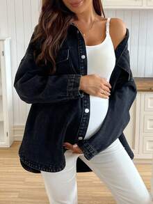SHEIN Maternity Casual Washed Dropped Shoulder Loose Denim Jacket