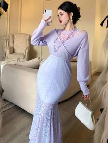 DAZY Váy đuôi cá phối ren sang trọng thanh lịch dành cho nữ - Hồng - Xem 1