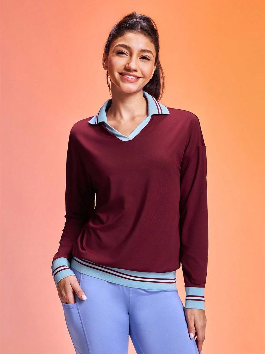 SHEIN Sports Dopamine Color Scheme Women's Long Sleeve Sports Polo Shirt, Spring/Autumn Gym Blouse Sports Shirts For Women Tennis Top Sporty Long Sleeve Sporty Top - Burgundy - View 1