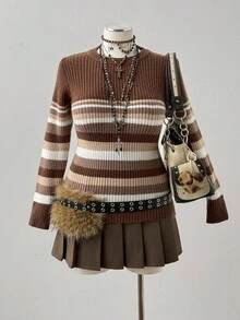 Sunspun Damen Lässig Crew Neck gestreifter Kontrast Farbe Langarm Slim Fit Pullover Sweater - Verschiedenfarbig - Übersicht 6