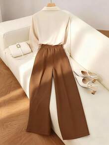 Franclia 女式杏色基本款长袖上衣和棕色直筒裤商务正装返校教师时尚两件套，秋冬 - 杏色 - 查看 2