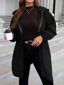 SHEIN LUNE Áo khoác dài tay thường ngày có mũ trùm đầu màu trơn cỡ lớn, có khóa kéo phía trước, quần áo thu cỡ lớn - màu đen - Xem 3