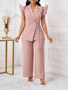 SHEIN Lady Conjunto de traje de mujer con blazer de manga con volantes rosa y pantalones elásticos de cintura elástica para otoño/invierno