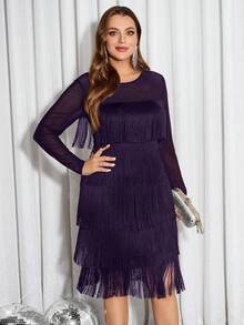 SHEIN Clasi 秋冬大码飘逸层叠流苏网眼拼布连衣裙 - 紫色 - 查看 3
