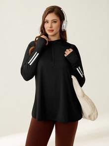 Auralis Sudadera con capucha deportiva de manga larga con agujero para el pulgar, bloques de color y rayas, talla grande, conjunto de chándal, camiseta deportiva para mujer para otoño/invierno - Negro - Ver 4