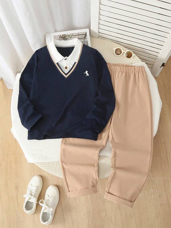SHEIN 2pcs Tween Boy Set, Kids Knit Comfortable Polo Long Sleeve Sweatshirt 2 In 1, Stylish Fashion Pre-Teen Chest Print Design Top Paired With Khaki Casual Pants, Elastic Waist Design, Loose Fit, Suitable For Autumn Occasions Like Vacation, Daily Wear, Etc.