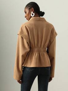 Lyxana Áo khoác nữ màu trơn bó eo, thích hợp khi đi làm - Màu Khaki - Xem 2