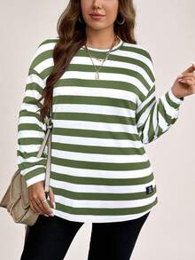 SHEIN LUNE Áo thun cổ tròn tay dài in họa tiết sọc rộng rãi thời trang thường ngày có đường xẻ bên hông cho ngày lễ Tạ ơn mùa thu/đông dành cho nữ cỡ lớn - xanh quân đội - Xem 4