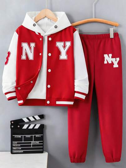 SHEIN 2件套复古美式字母图案棒球夹克和运动裤，适合青少年男孩