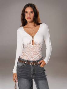 TRNVIE 1 pieza Body de estilo minimalista con encaje blanco, parches, tejido de punto calado y decoración metálica, para uso diario y para ir al trabajo - Blanco - Ver 7
