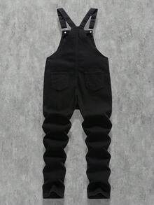 青少年男孩时尚休闲 Y2K 复古酷炫街头返校季学院风笑脸涂鸦图案基础款简约舒适可爱黑色牛仔修身背带裤柔软日常穿着，适合儿童秋冬季锐舞派对、节日和街头服饰。