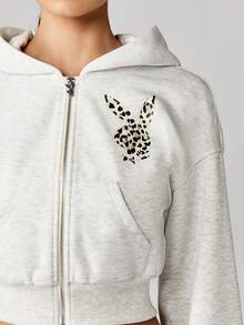 Missguided x Playboy Áo hoodie có khóa kéo, họa tiết da báo, đồ mặc nhà, mùa đông, mùa thu, thời trang dạo phố thường ngày - Màu Xám nhạt - Xem 5