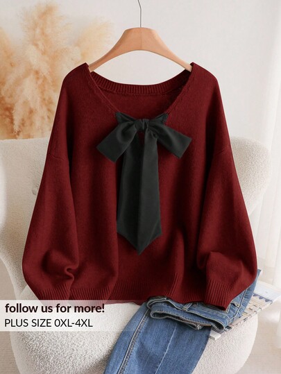 CosyJoli Plus Size Casual V-Neck Bowknot Backless Loose Pullover Sweater In Fall/Winter