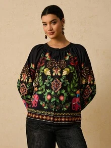 Travachic Plus Size Women's Black Tropical Floral Print Round Neck Long Sleeve Shirt, Button Front Loose Blouse Boho Blouses Peasant Blouse Bohemian Top Lantern Sleeve Blouse Cozy Fall And Winter Clothes For Women Black Tops