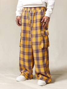 ROMWE MEN Prep Men's Plaid Pocket Casual Loose Drawstring Pants, Fall - Multicolor - View 6