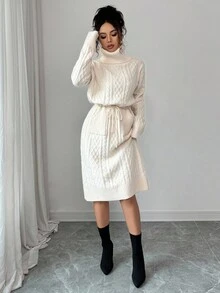 SHEIN Elenzya 女式纯色系带口袋优雅毛衣裙 - 米色 - 查看 3