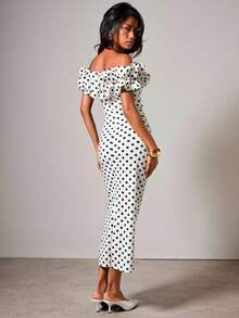 COSMINA Váy dài ngang vai họa tiết chấm bi thanh lịch dành cho nữ - trắng - Xem 2