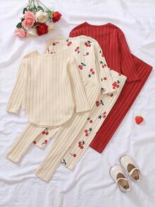 Set de 3 piezas Camiseta de manga larga casual y suave de punto a rayas para niños pequeños, con pantalón ajustado a juego, diseño de estampado, compra 1 set y llévate 2 sets gratis, versátil para viajes, hogar u uso al aire libre, adecuado para primavera, verano, otoño e invierno