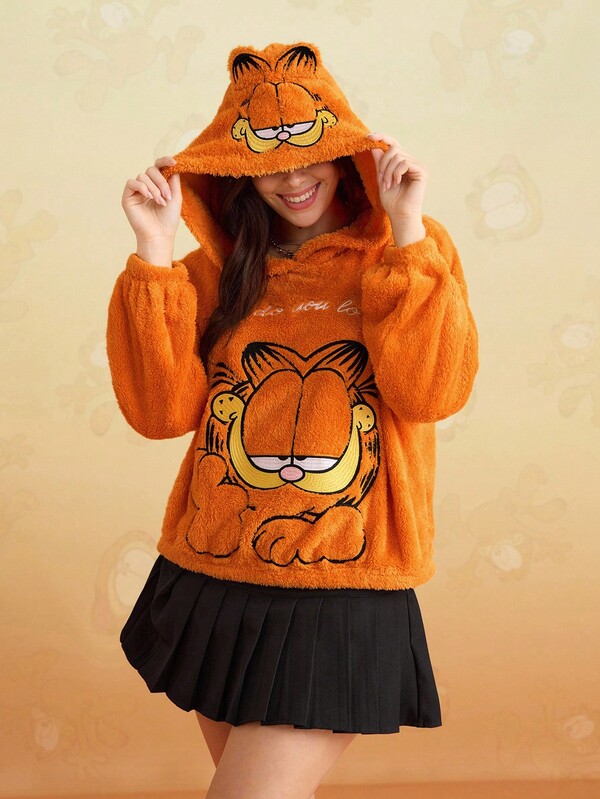 GARFIELD | SHEIN Sudadera con capucha bordada casual de talla grande con personaje de dibujos animados clásico naranja, sudadera con capucha de otoño/invierno para mujer, sudaderas lindas, ropa de invierno naranja para mujer, sudadera térmica de felpa coral