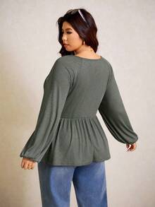 Elaquor Camiseta Casual Minimalista com Botões e Manga Farol, Plus Size, Outono - Verde - Visão 2