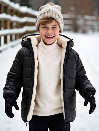 SHEIN Tween Boy Black Fleece Hooded Zip-Up Padded Padded Teddy Lined Coat, Casual All-Match Versatile Soft & Cozy, Suitable For Outdoor Snow Play, Winter Boys Hooded Puffer Jacket Boys Winter Coats Teddy Lined Boys Warm Winter Jackets