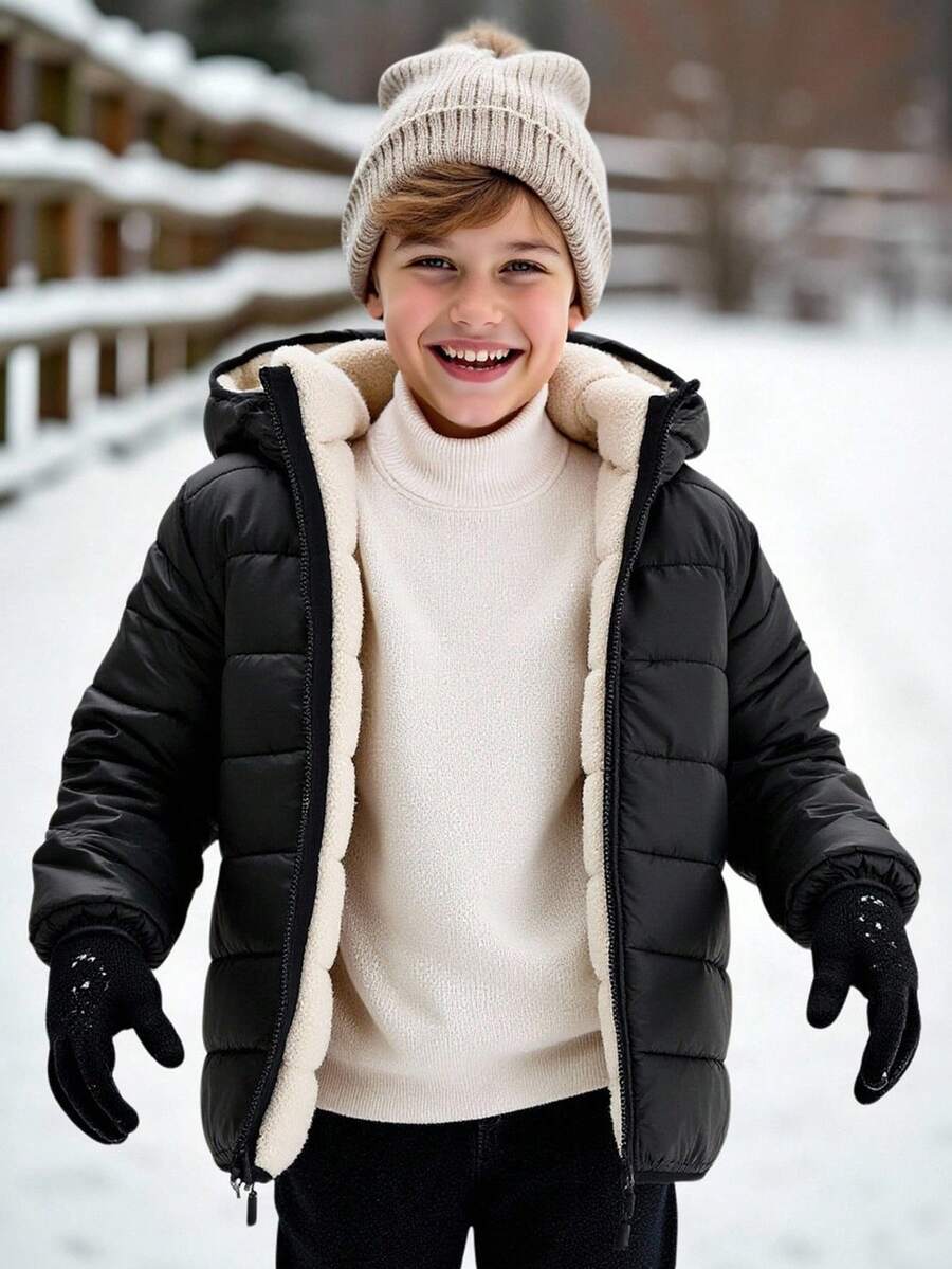 SHEIN Tween Boy 黑色羊毛连帽拉链加厚棉服，休闲百搭百搭柔软舒适，适合冬季户外玩雪